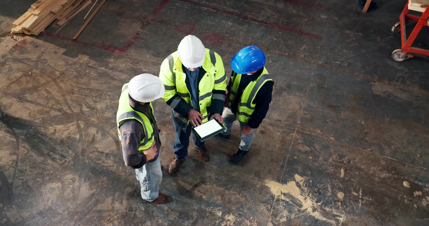 Construction Workers Reviewing Plans on Tablet in Warehouse
