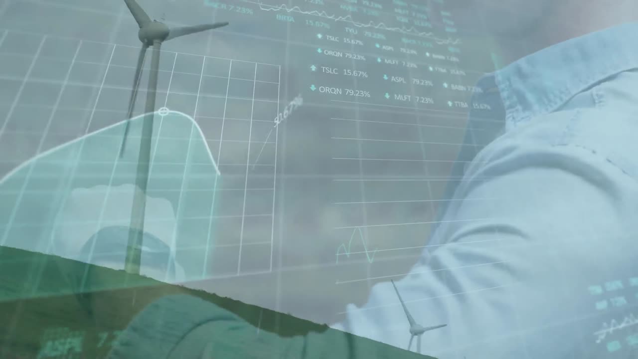 스마트워치를 사용하는 사람을 상대로 회전하는 풍차를 통해 주식 시장 데이터 처리의 애니메이션