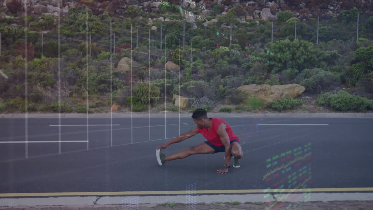 Stretching on road, man with animation data visualization over natural landscape