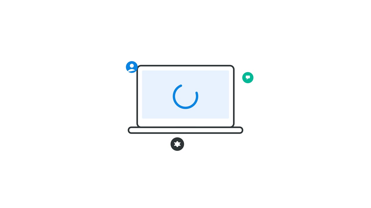 Animated Laptop Icon with Rotating Loading Symbol and Notification Icons