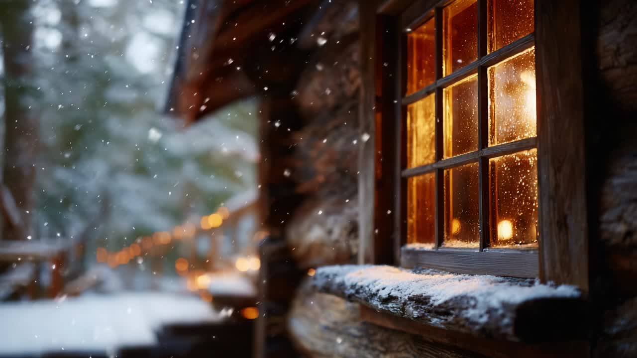 Warm Light and Cozy Ambiance: A Wintery Scene Through a Rustic Cabin Window Captured in the Snowy Landscape, Evoking Nostalgia and Comfort on a Cold Winter Evening