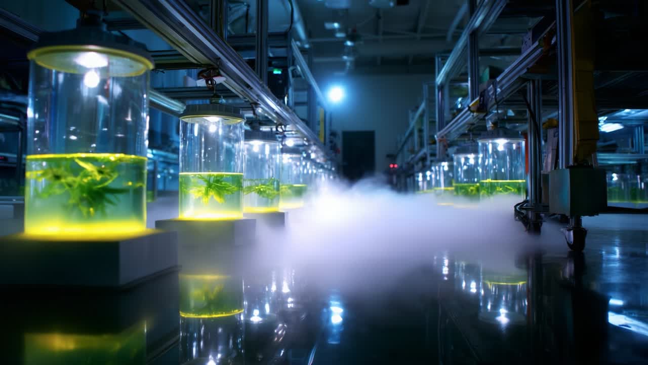 A futuristic laboratory environment featuring illuminated glass containers filled with vibrant green plants, surrounded by mist, showcasing advanced scientific experimentation and growth techniques in a controlled setting