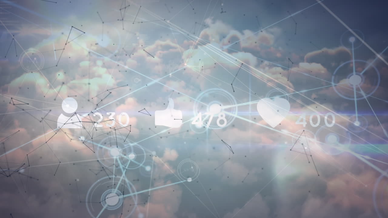animación de iconos de redes sociales con un número creciente y una red de conexiones sobre el cielo azul