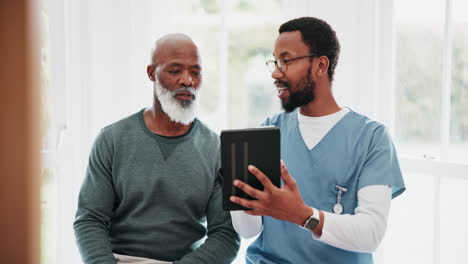 consulting, senior man or doctor with tablet
