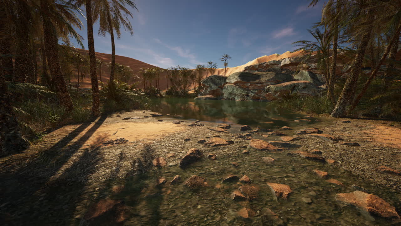 Calm oasis surrounded by palms in a serene desert landscape during daylight