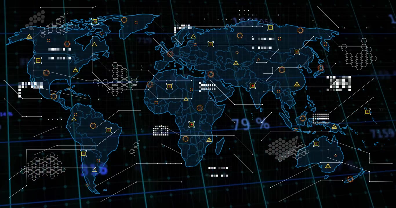 On initial frame shift 3D world map animating adding glowing numbers hexes markers for analytics