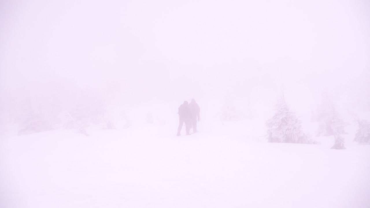 가시성이 좋지 않은 강한 눈보라 조건에서 걷는 스노우슈 하이커