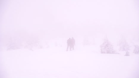 snowshoe hikers walking in strong blizzard conditions with poor visibility