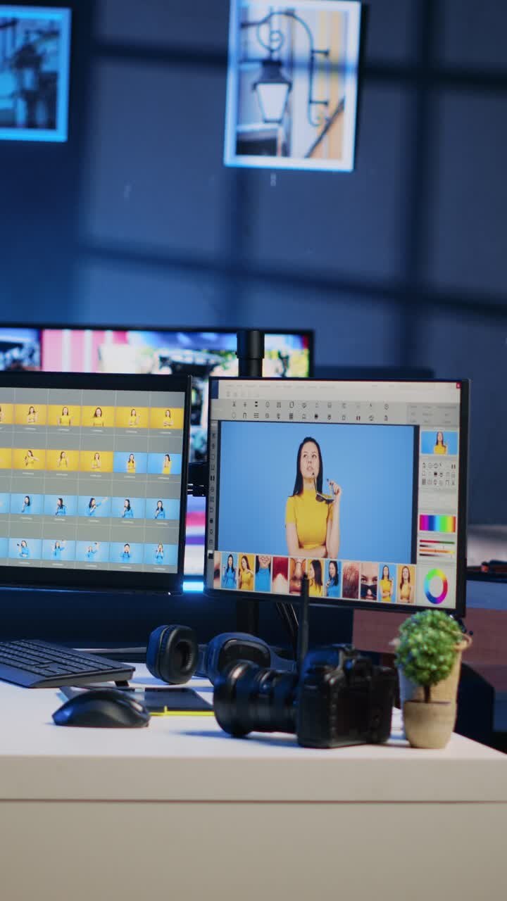 Software di editor di foto per video verticali sullo schermo di un computer in uno studio vuoto, utilizzato per migliorare le immagini digitali