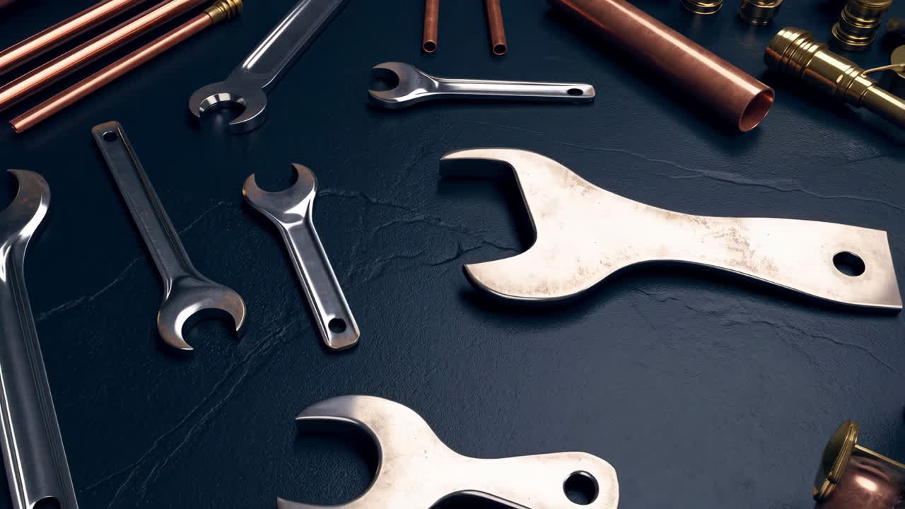 Wrenches and Copper Pipes on a Dark Background