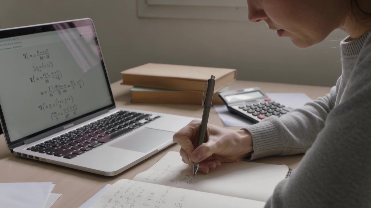 Seeing formulas on laptop, student in grey sweater solving equations at desk using notes calculator