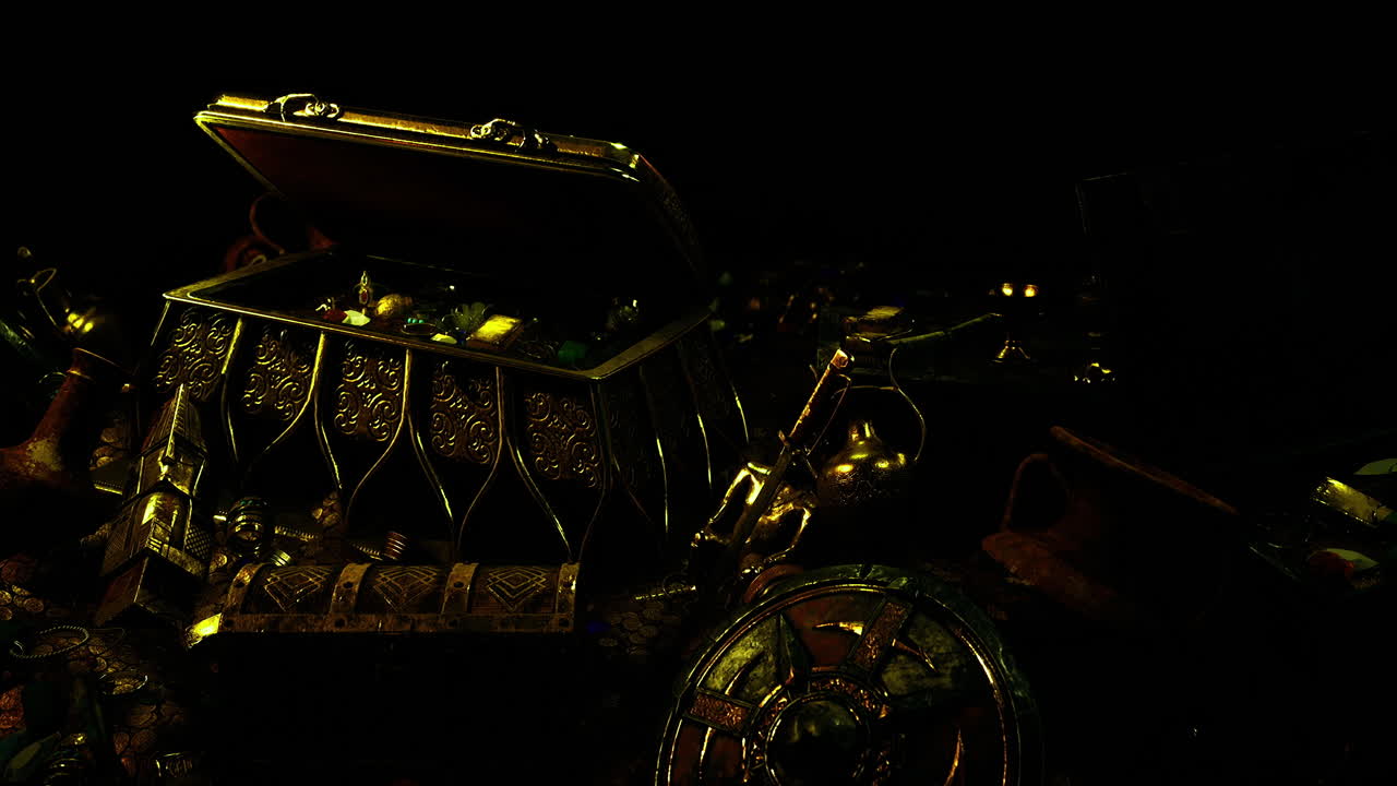 Hidden treasures lie amidst the shadows in a mysterious cavern