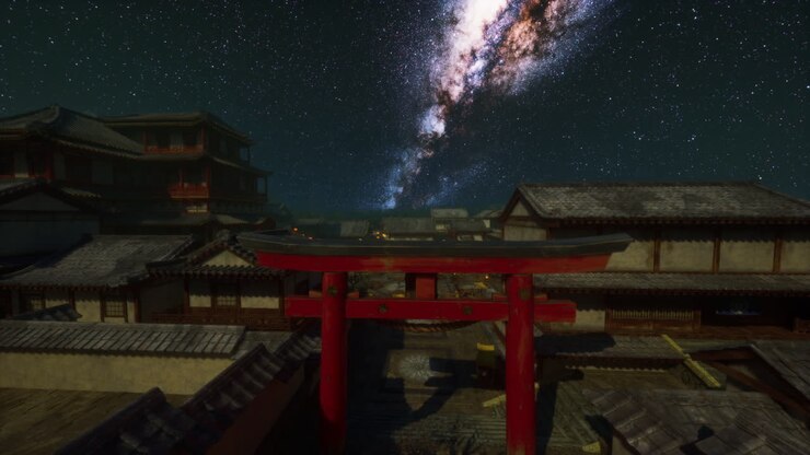 Vista notturna di una città tradizionale giapponese con cielo stellato in Giappone