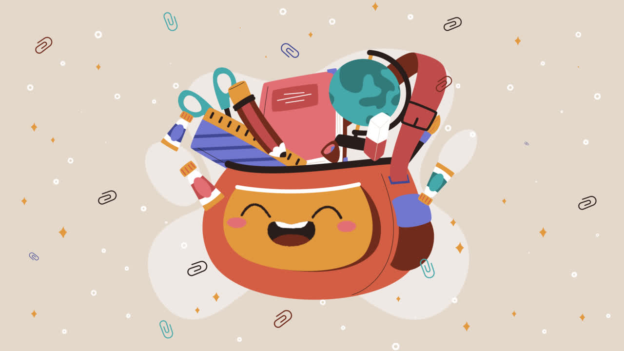 gráfico de movimiento de la ilustración plana de regreso a la escuela con suministros escolares