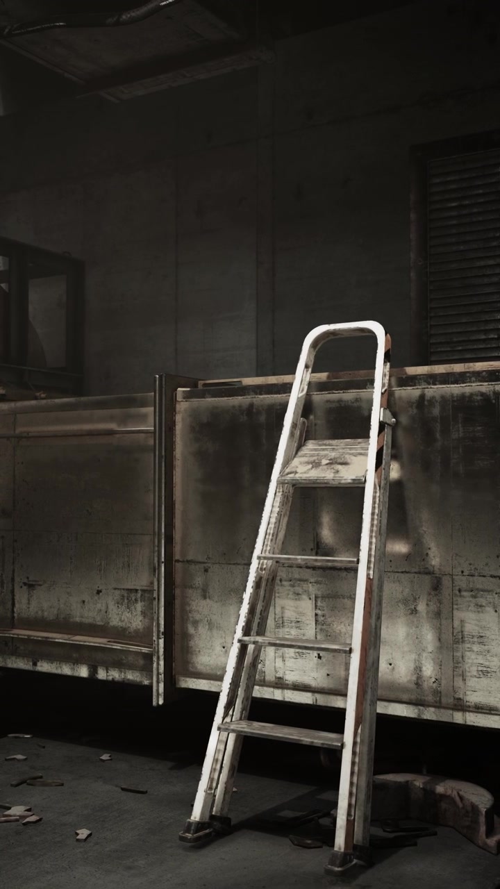 Lonely ladder in an abandoned warehouse with shadows and mystery
