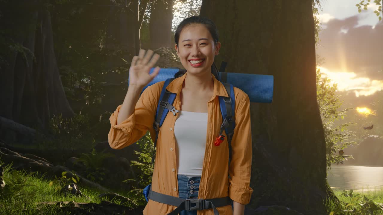 excursionista femenina asiática con mochila de montañismo agitando la mano y diciendo adiós mientras explora la naturaleza del bosque