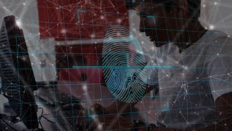 video of digital interface and security icons over biracial man using icons