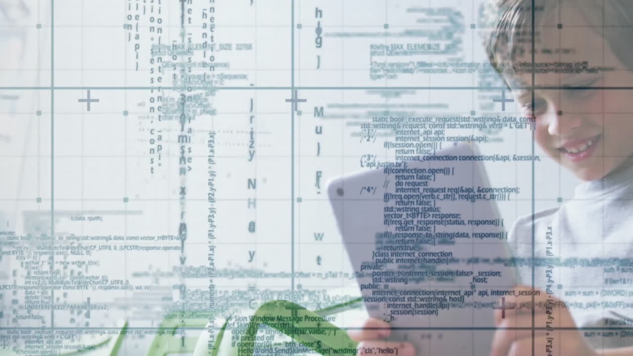 Holding tablet, person with glasses over data processing and coding animation