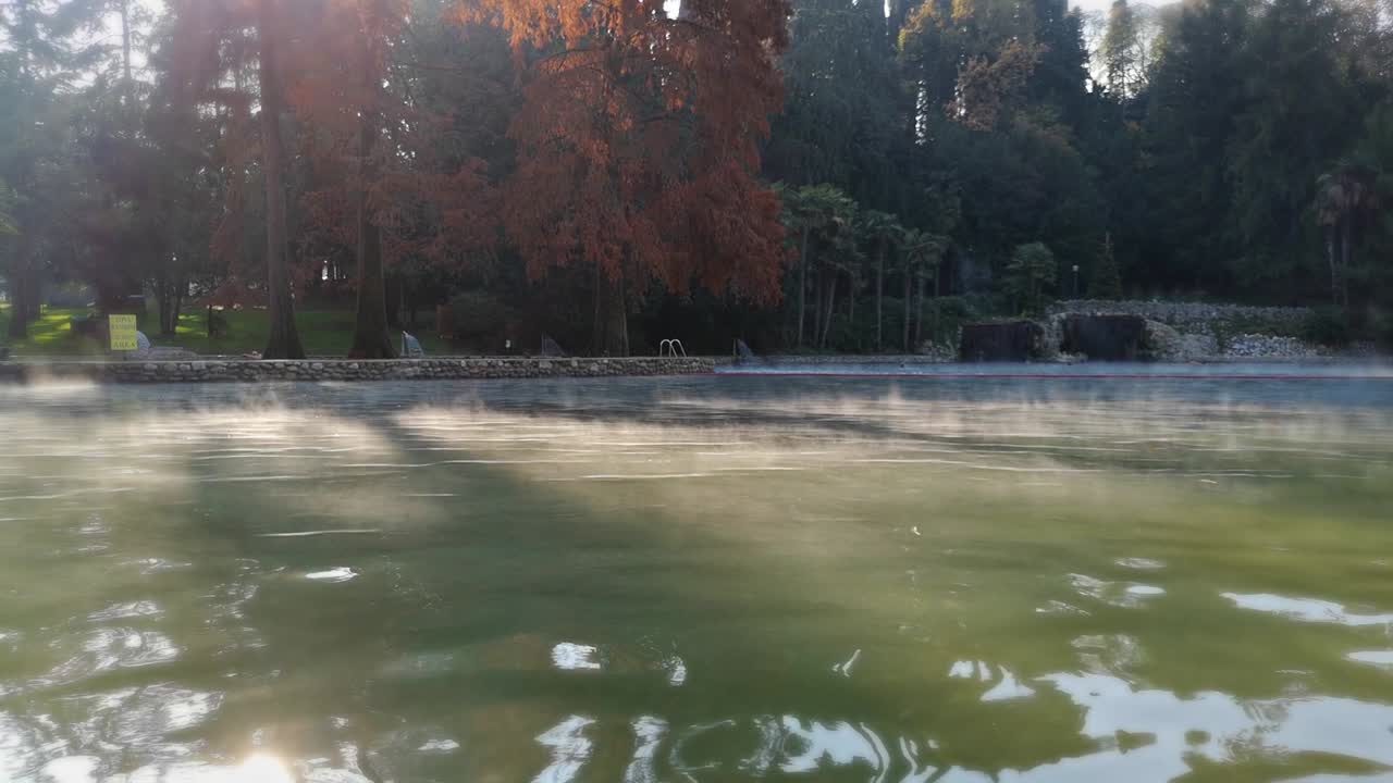빛에 대한 빛과 함께 가을 숲 나무의 마법의 설정에서 증기 뜨거운 물의 수영장