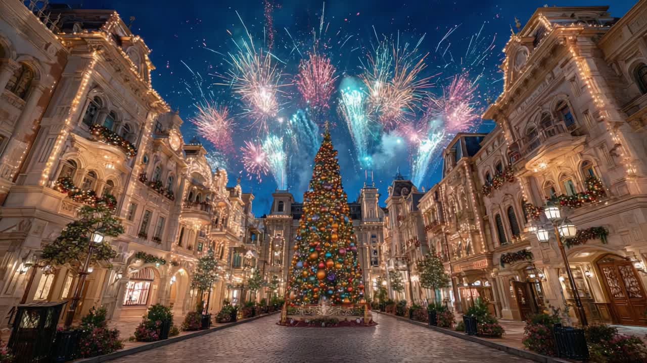 A Spectacular Nighttime Scene with a Majestic Christmas Tree Illuminated by Fireworks Overhead, Creating a Festive Atmosphere in a Beautifully Decorated Street