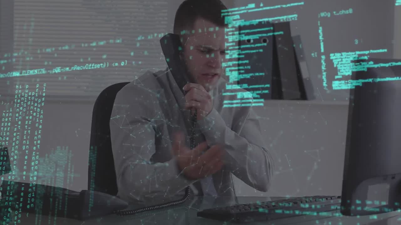 animación del procesamiento de datos sobre el empresario caucásico en la oficina