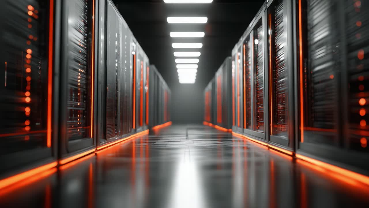 A Futuristic Data Center Corridor: Showcasing Rows of High-Tech Servers with Glowing Orange Accents in a Dull Grey Environment, Capturing the Essence of Modern Technology and Connectivity