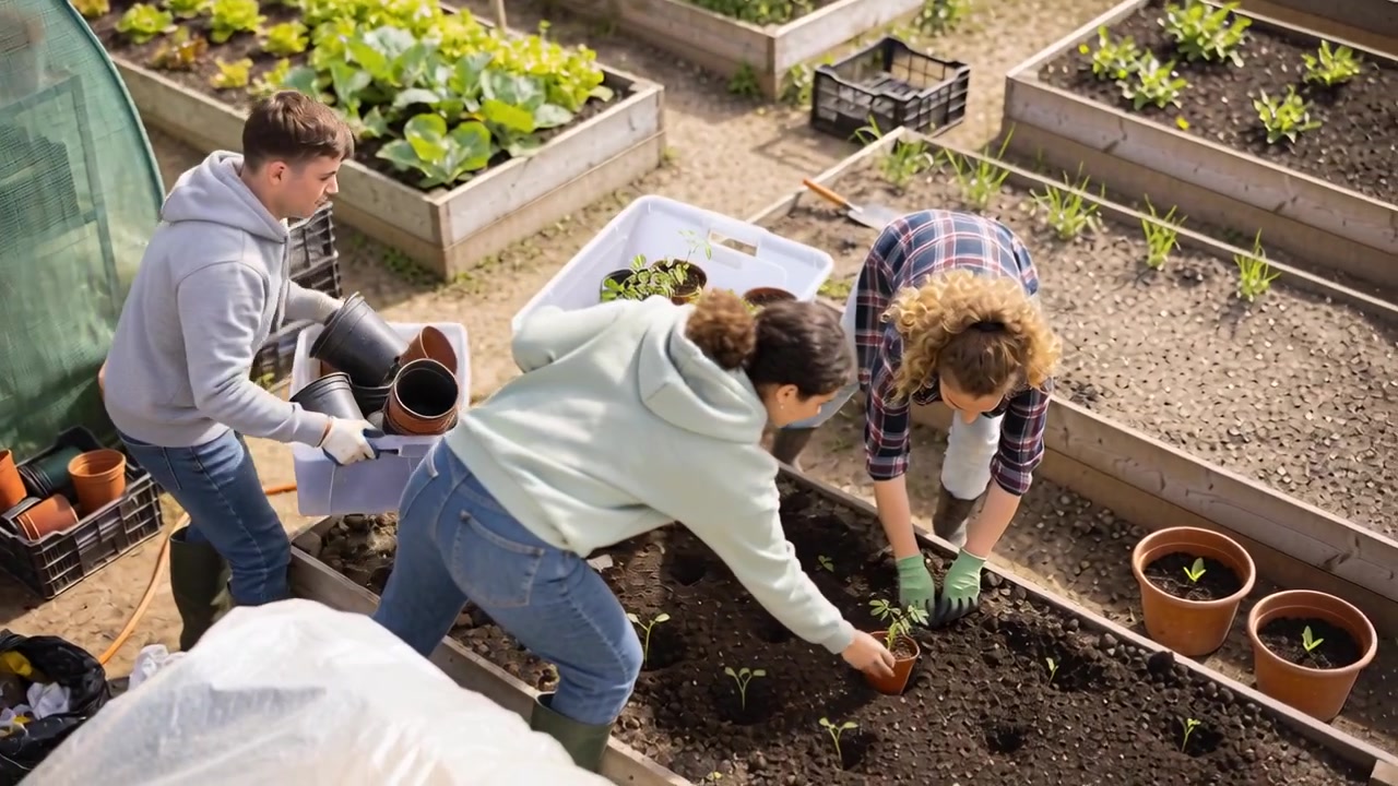 Går hen til højbed, kvinde i midten bærer en balje og rækker småplanter til udplantning, iført grøn hættetrøje.