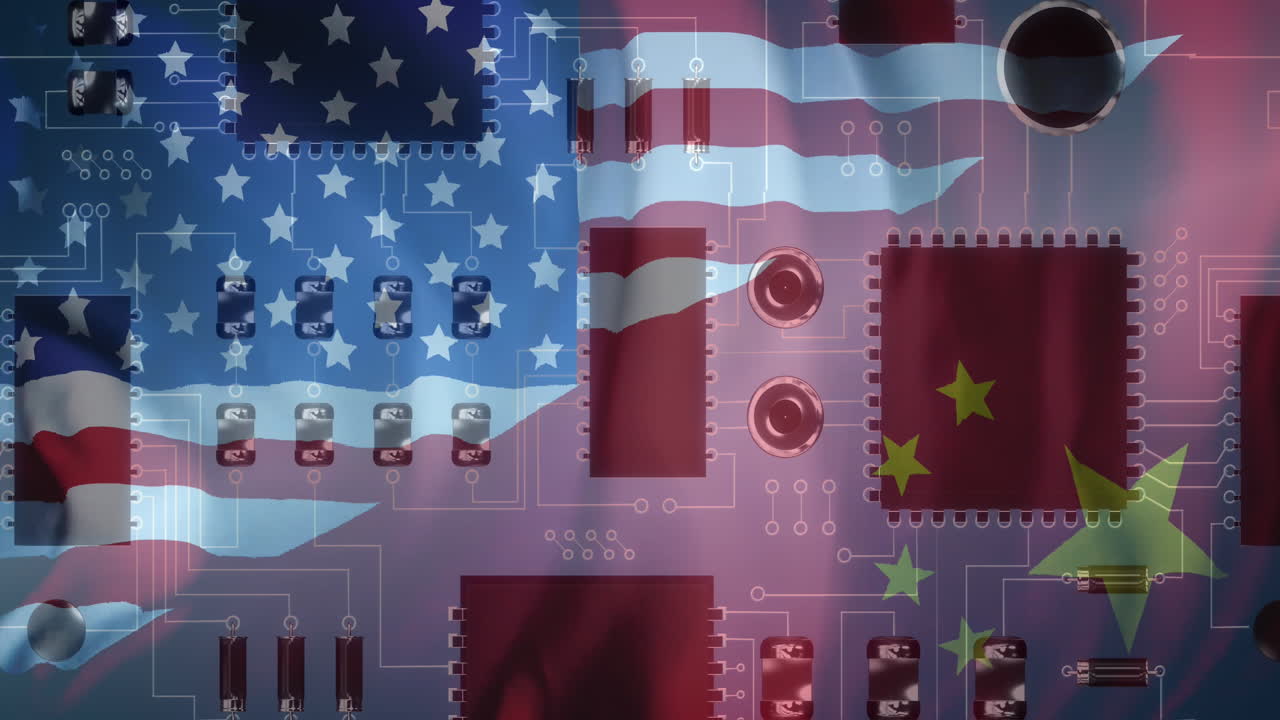 중국 과 미국 의  ⁇ 발 위 에 있는 회로판 의 애니메이션