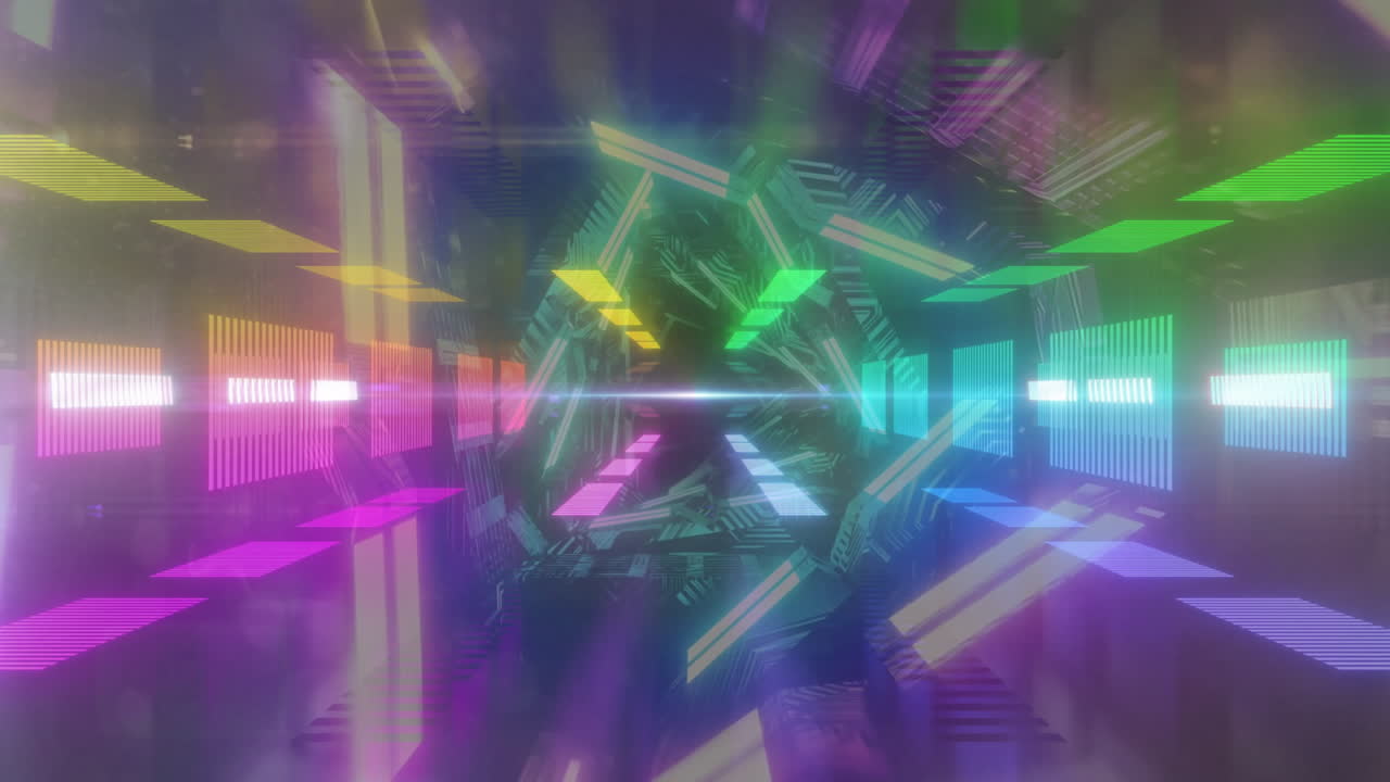 Animation of colorful geometric shapes forming tunnel with glowing light at center