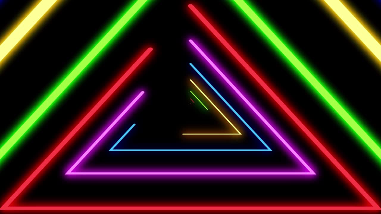 sfondo astratto con luci al neon triangoli, animazione a anello. linee luminose colorate su sfondo nero