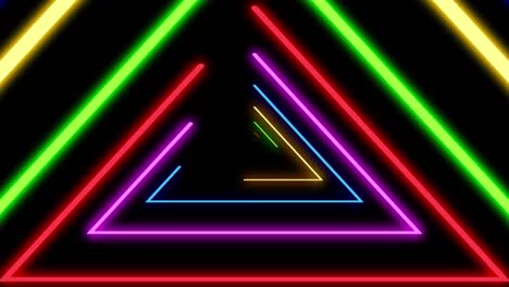 fondo abstracto con luces de neón triángulos, animación en bucle. líneas brillantes de colores en fondo negro