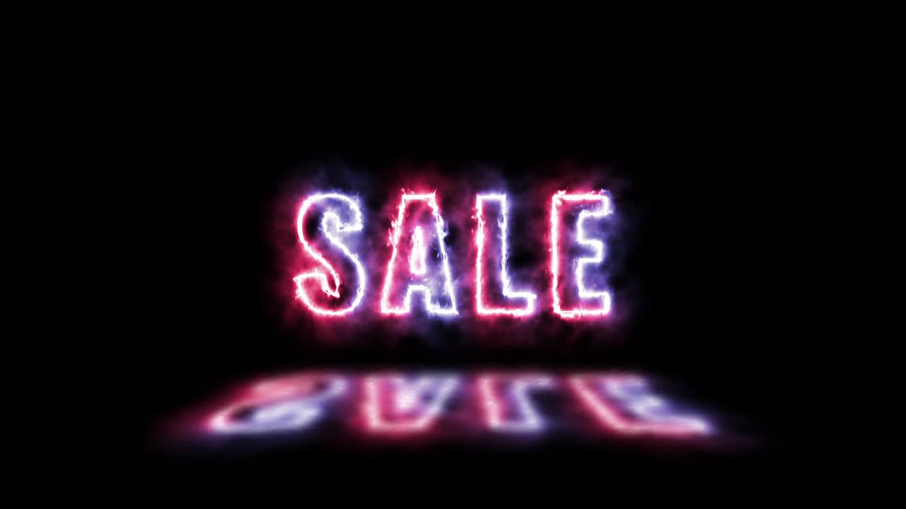 은 라인 에너지 텍스트 '판매' 녹색과 빨간 빛과 어두운 배경에 반사. 간단한 원활한 루프 애니메이션 텍스트. 4k 타이포그래피 모션 그래픽