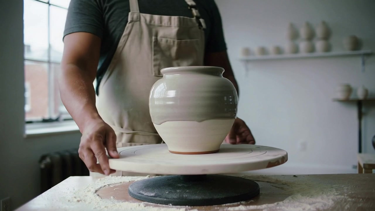 Lowering potter wearing apron centering ceramic jar on banding wheel at studio, steadying hands
