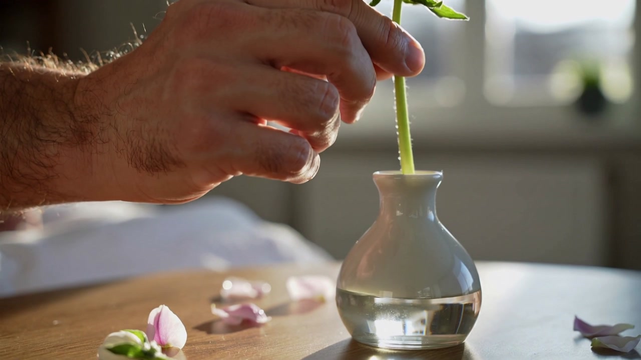 Approaching from left, cuffed male hand inserting pink stem into vase on table for display