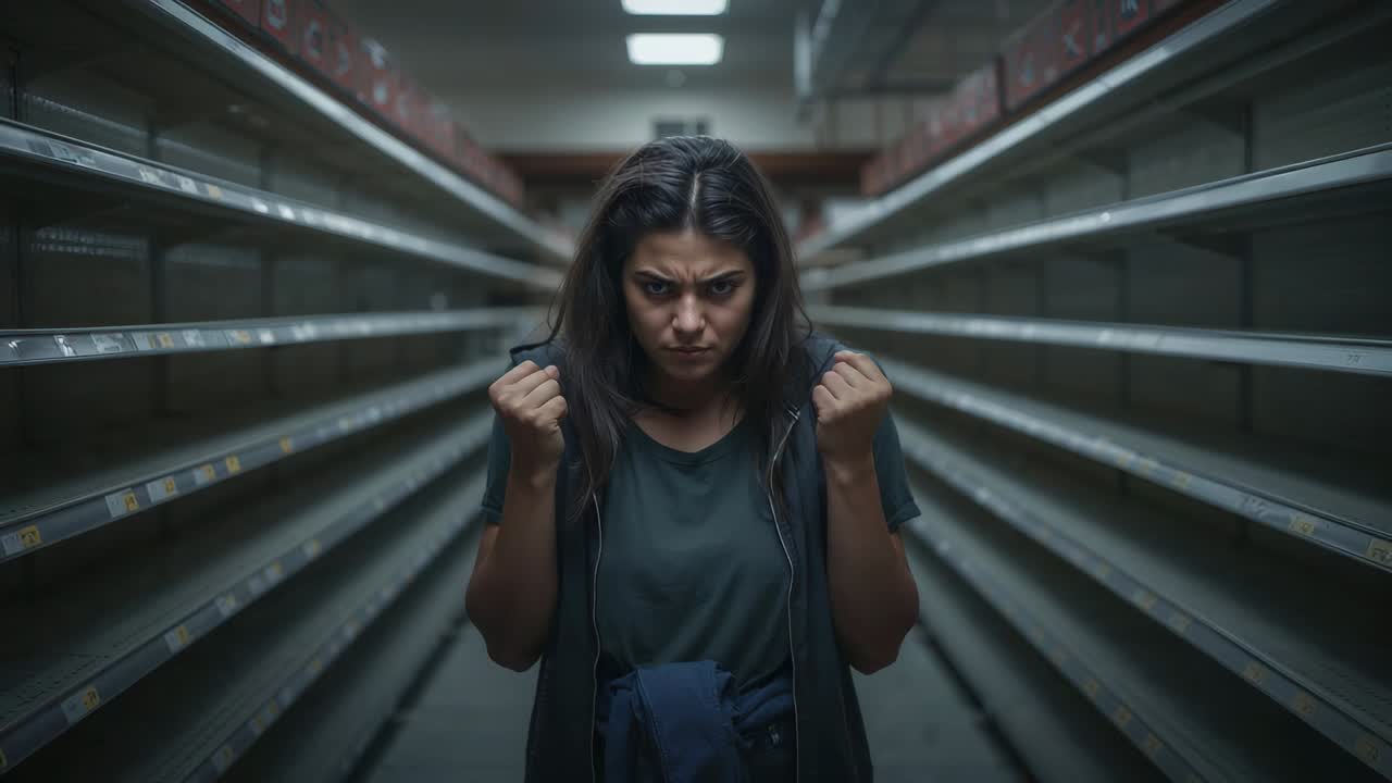 From neutral, woman clenching fists, leaning in aisle with empty racks, preparing for fight in vest