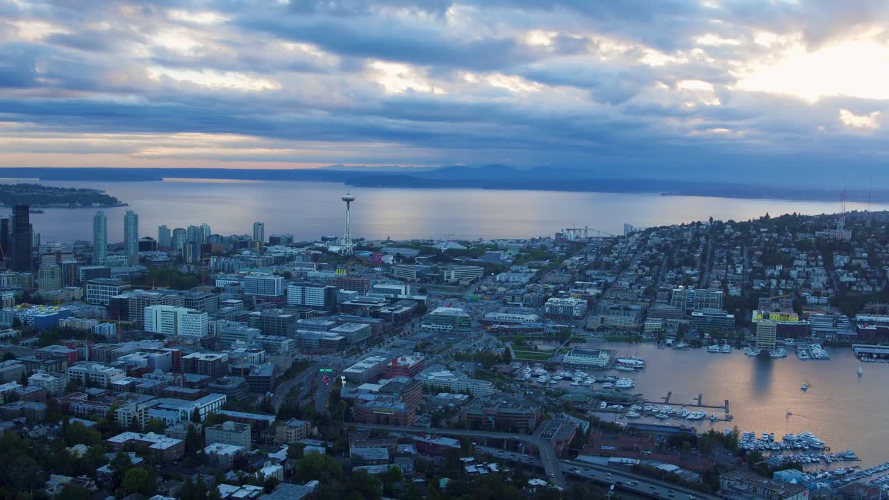 Aerial shot of Seattle's gloomy South Lake Union neighborhood with the Puget Sound off in the background.