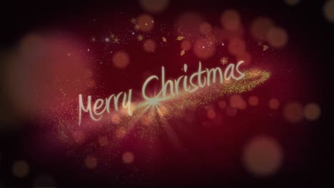 Animation-of-glowing-stars-floating-over-merry-christmas-text-banner-against-red-spots-of-light