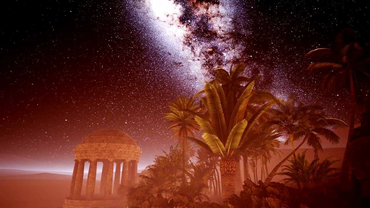 4к древнеримский город в пустыне и звезды млечного пути.