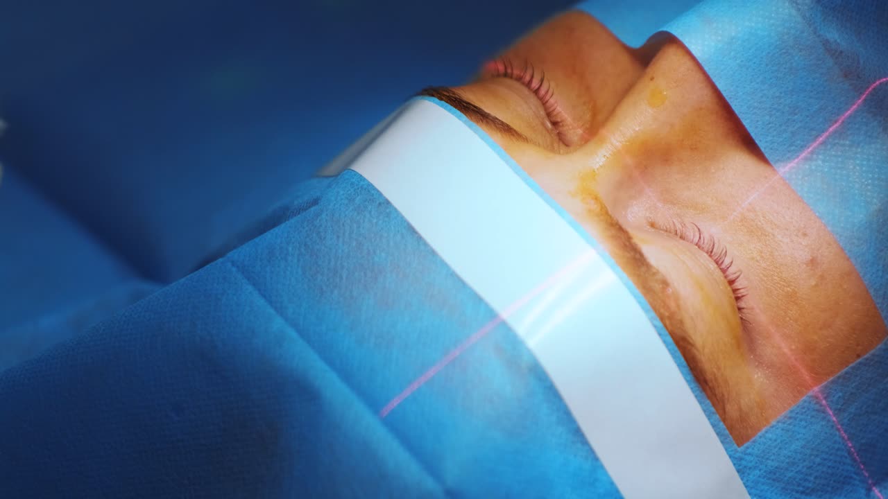 레이저 시력 교정: 안과 수술 중에 수술실에 있는 환자와 수술팀; 눈꺼풀 스럼; 라식 치료; 불임 개 아래의 환자