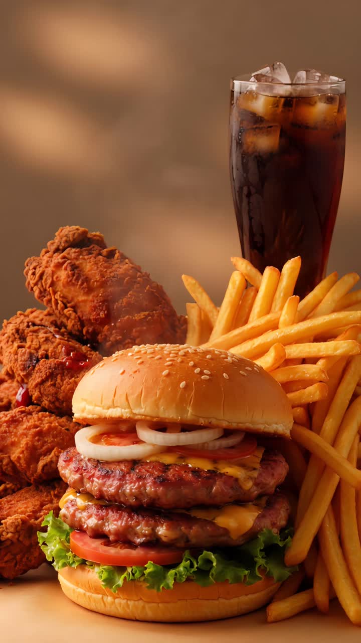 Hambúrguer 4K Fast Food com Frango Frito Crocante e Batatas Fritas Fundo Cinematográfico