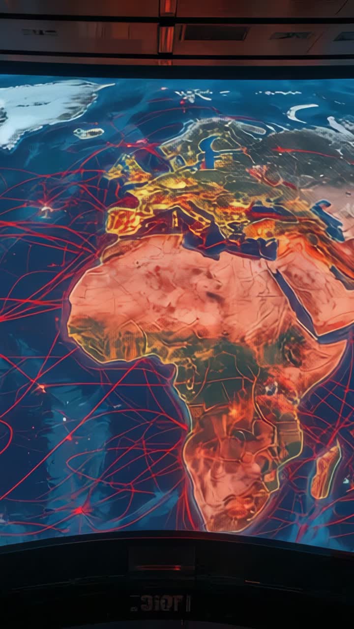 Vertical video: Curved digital display showing Earth map in control room, with red lines and nodes