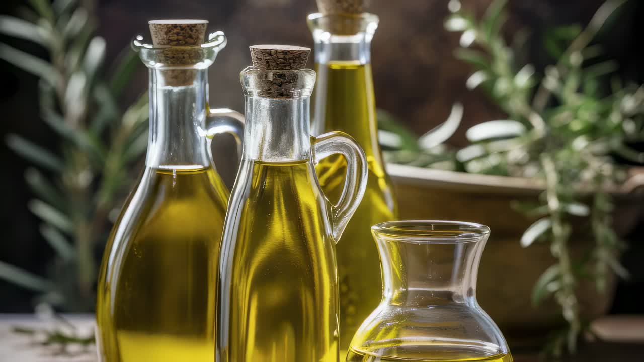 Displaying several glass bottles and carafes filled with golden olive oil on a rustic wooden table, complemented by a rosemary plant in a terracotta pot