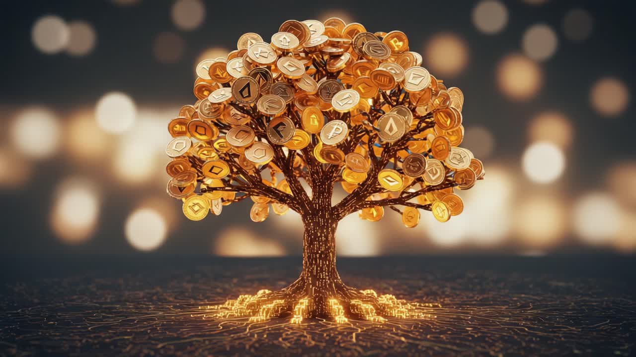 A Glimmering Tree of Prosperity: An Artistic Representation of Wealth Growth Through Cryptocurrency Coins Symbolizing Financial Success and Innovation