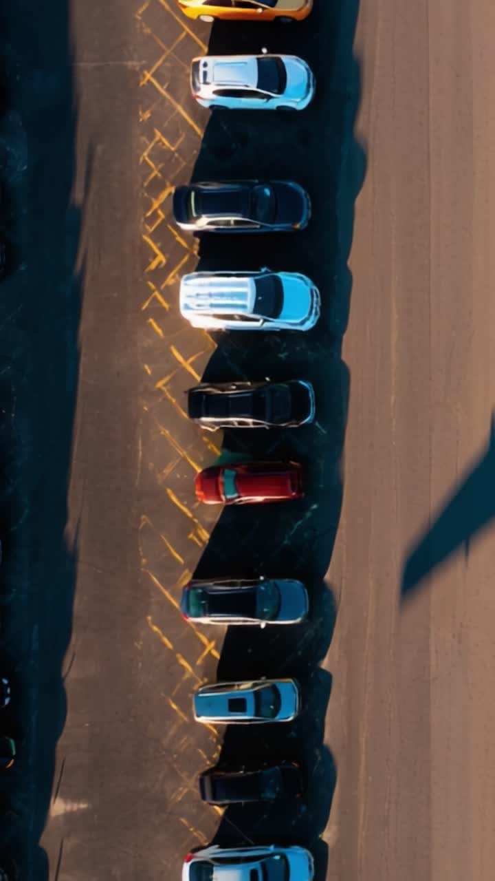 Luftfoto af parkerede biler på en parkeringsplads, der illustrerer forskellige farver, størrelser og arrangementer med tydelige skygger fra sollys ovenfra