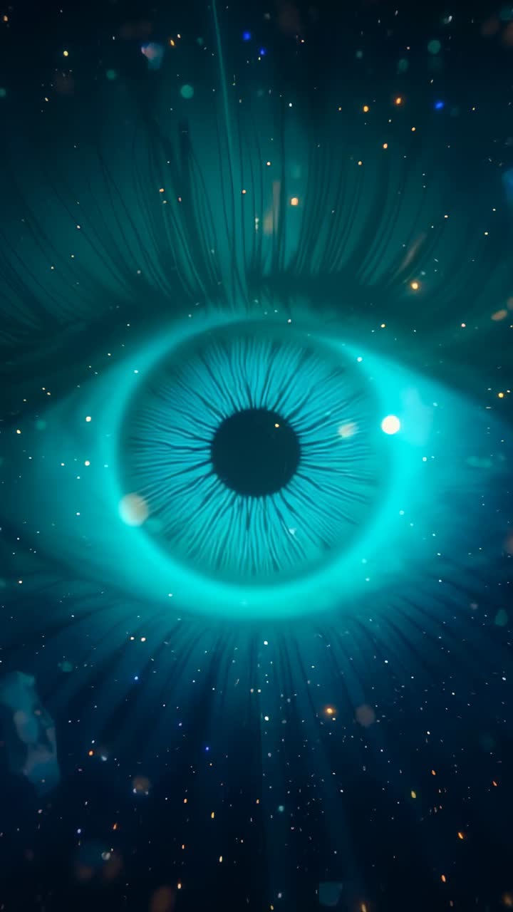 Vertical video: Appearing teal glow forming iris pulsing in void, with halo and drifting particles