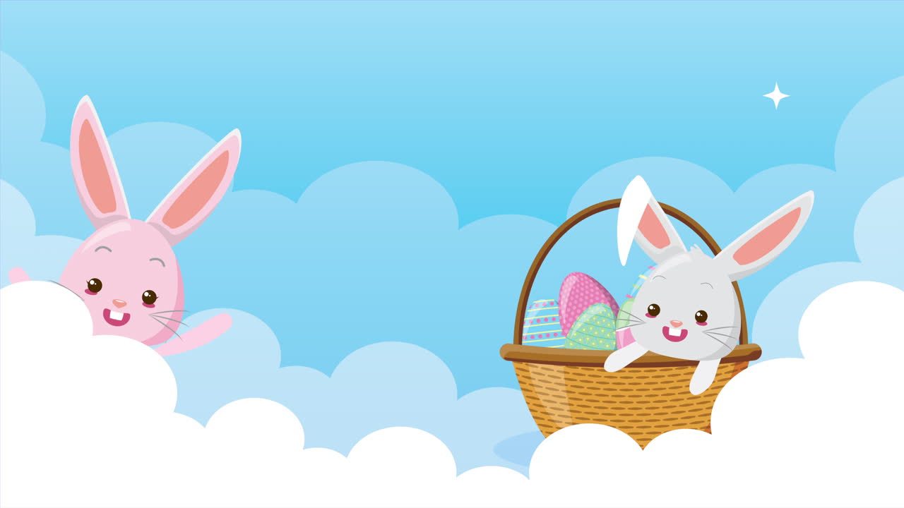 feliz páscoa cartão animado com coelhos casal no céu