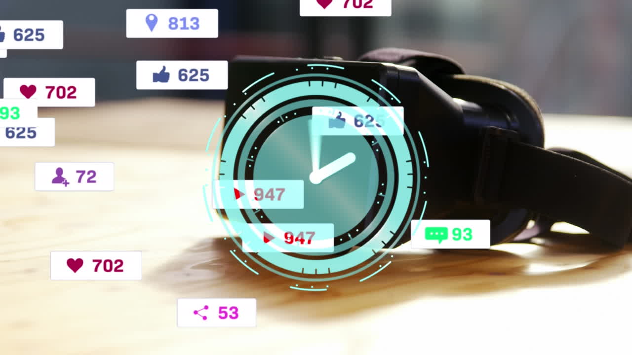 Animation of clock over social media icons and vr headset