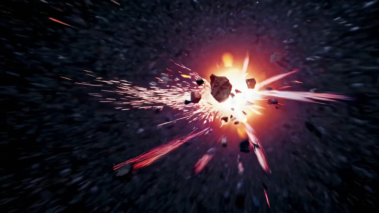 Dynamic top-down video shot of a fiery explosion with debris flying outward, capturing intense