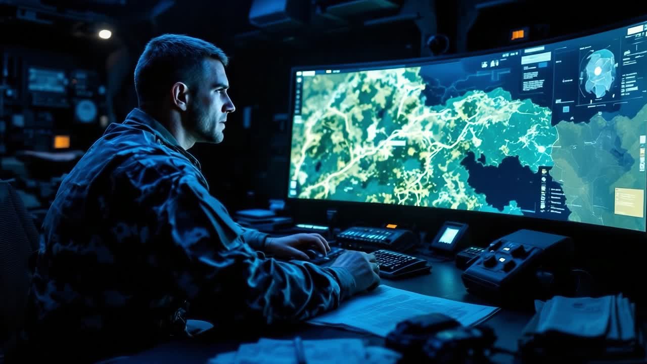 Soldier Operating a Command Center Computer with Tactical Map Display