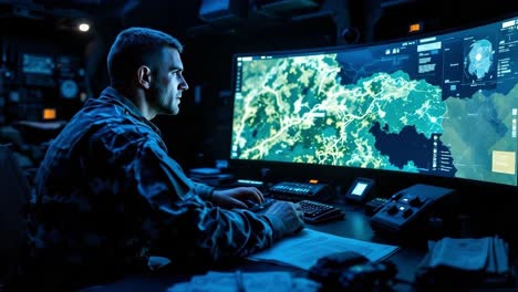 soldier operating a command center computer with tactical map display
